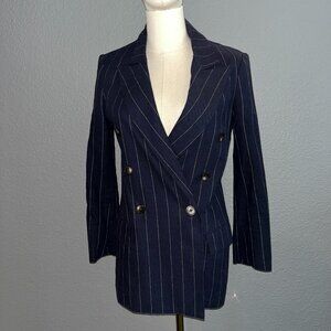 L'AGENCE BLUE CHALK STRIPE PIN STRIPE DOUBLE BREASTED LINEN BLEND BLAZER JACKET